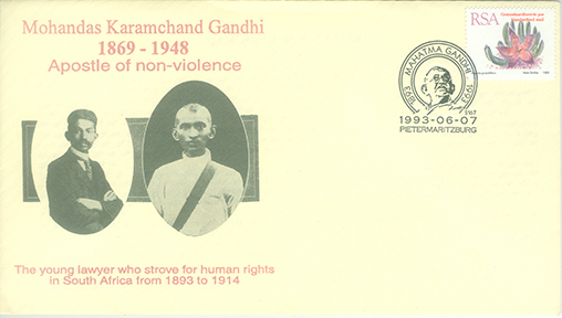 First Day Cover issued for Mohandas Karamchand Gandhi 1869-1948 Apostle of Non-Violence by South Africa,  Pietermaritzburg (07-06-1993)