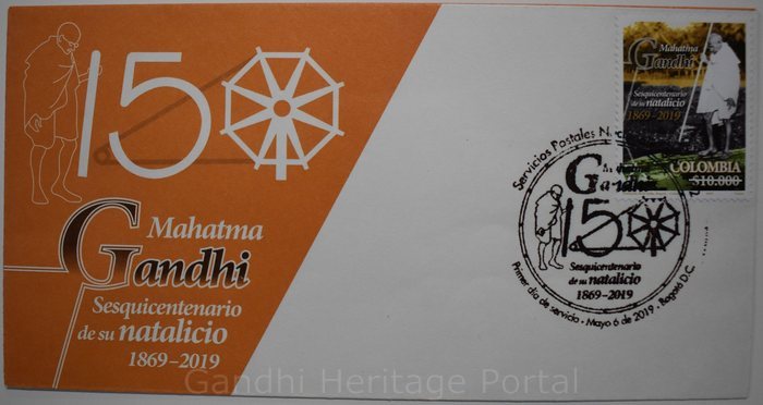  $ 10 postage stamp on Mahatma Gandhis 150th birth anniversary by Colombia -2019