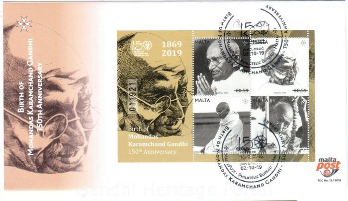 €0.59/€0.59/€0.59/€0.59 Years of celebrating the Mahatma by Malta Post-2019 (1869-2019)
